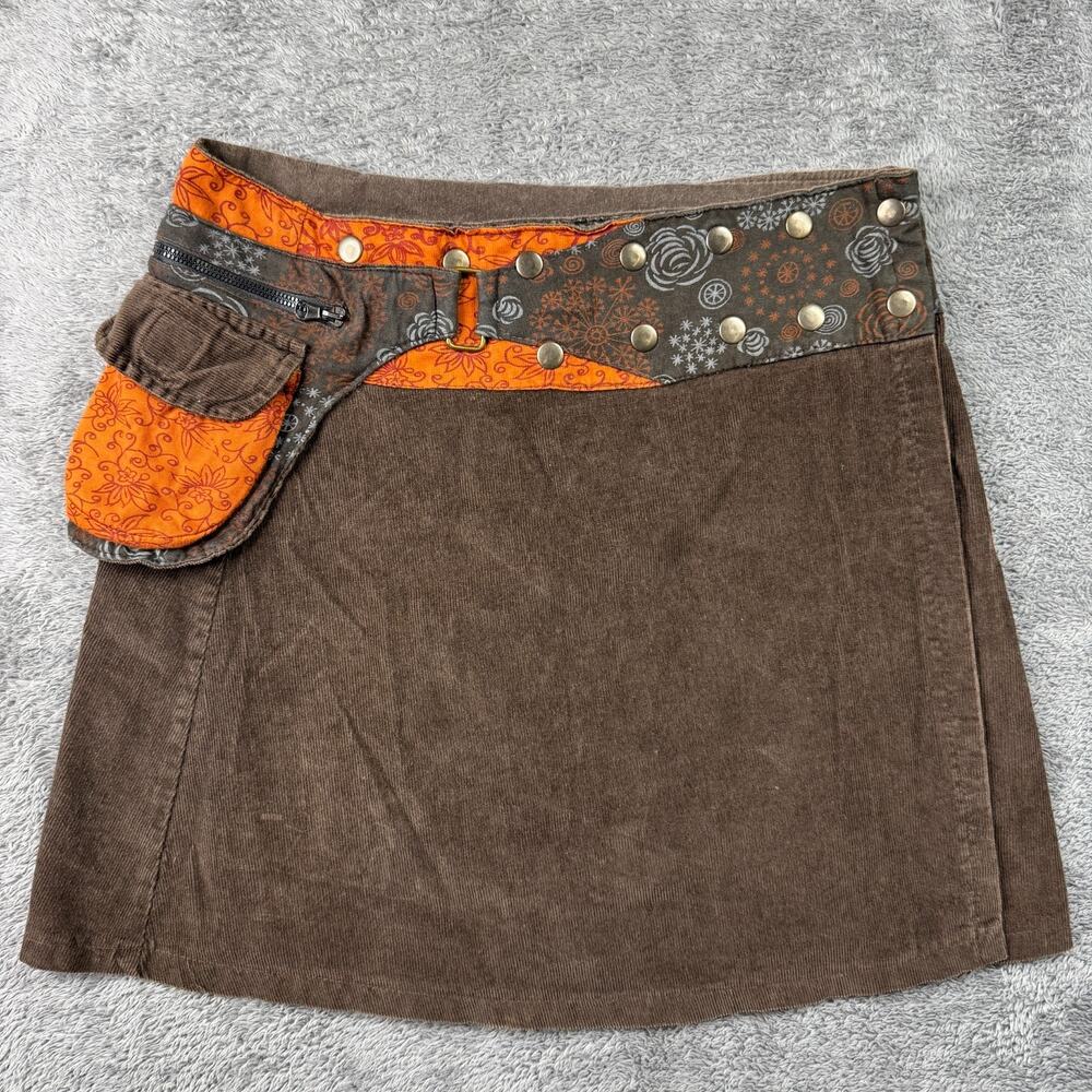 Jayli Mini Skirt Boho Wrap Festival Rave Brown Adjustable Snap Waist Corduroy